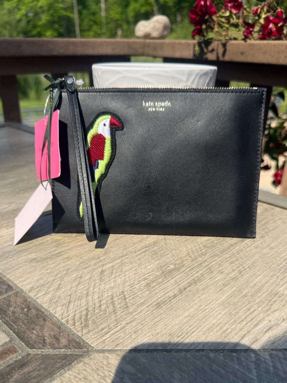 kate spade Black Leather Wristlet Clutch with Parrot Patch